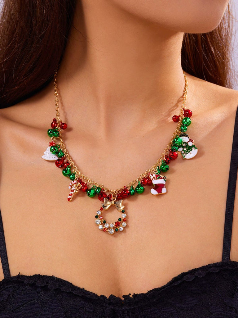 Christmas Bells Candy Cane Wreath Pendants Necklace - vintage fashion, retro style