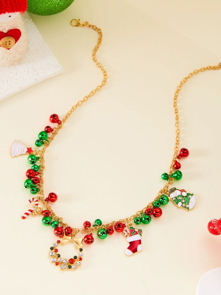 Christmas Bells Candy Cane Wreath Pendants Necklace - vintage fashion, retro style
