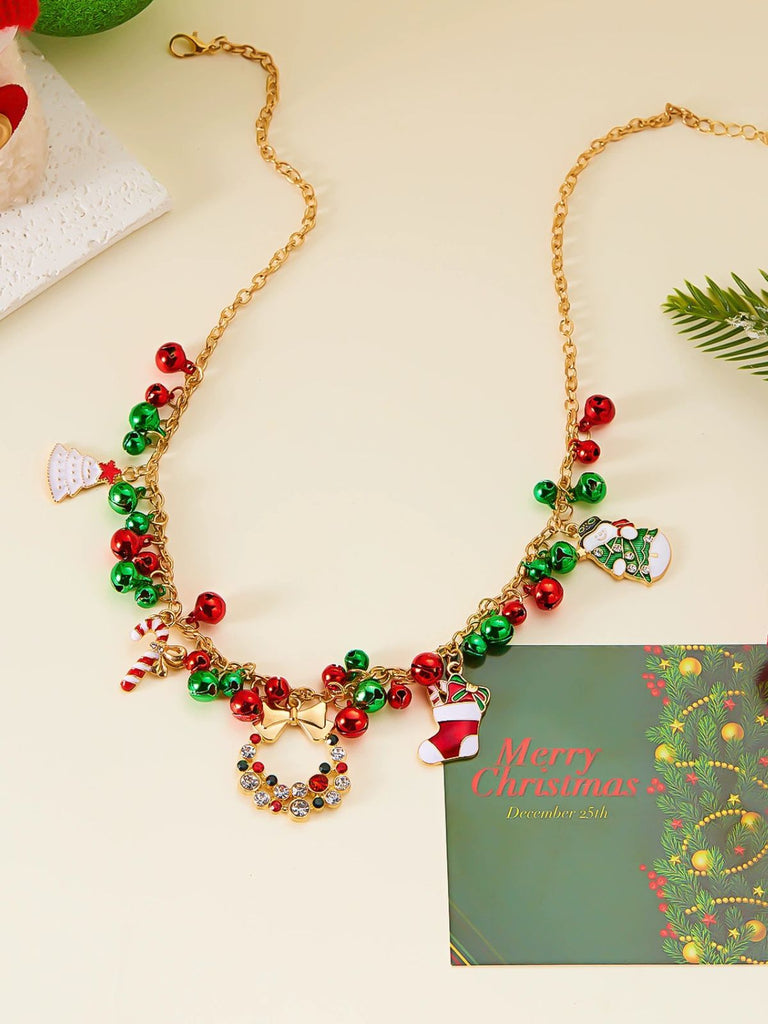 Christmas Bells Candy Cane Wreath Pendants Necklace - vintage fashion, retro style