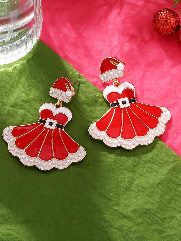 This Christmas Dress And Santa Hat Earrings wraps her in vintage elegance, one twirl at a time
