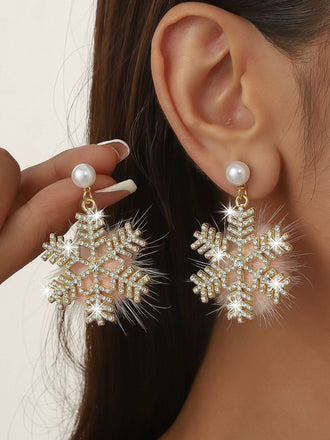 Christmas Fluffy Snowflake Diamond Pearl Earrings - vintage fashion, retro style