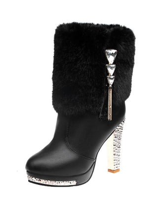She finds her vintage story in this Christmas Fur And Leather Rhinestone Boots