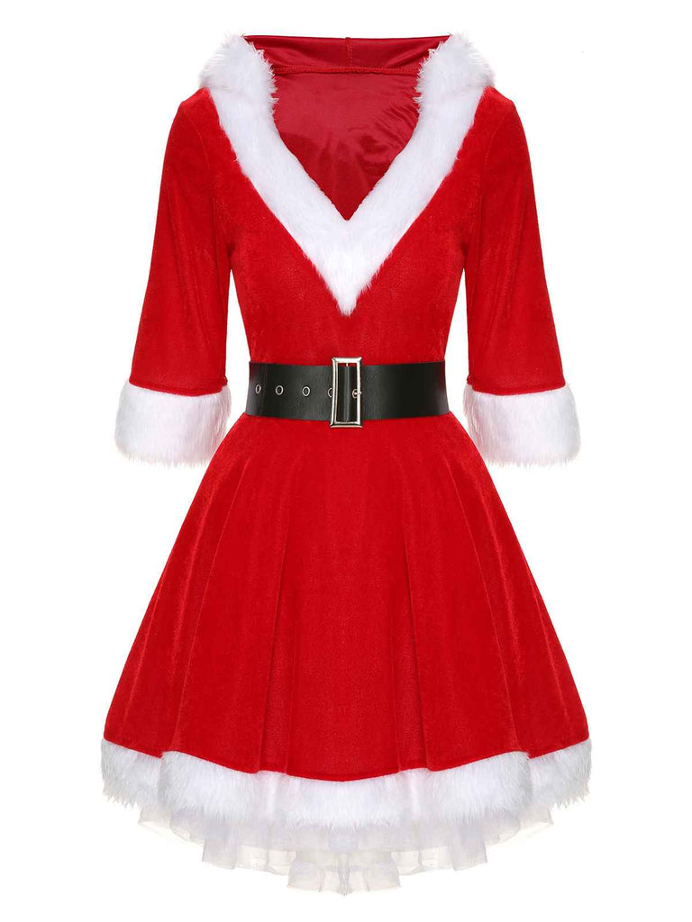 Christmas Hooded Santa Claus Raw Hem Belt Dress: where vintage romance meets her modern spirit