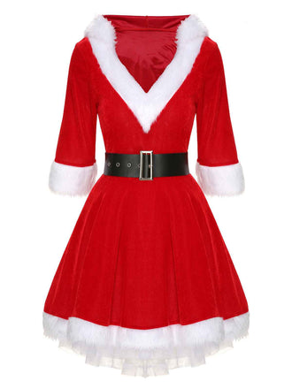 Christmas Hooded Santa Claus Raw Hem Belt Dress: where vintage romance meets her modern spirit
