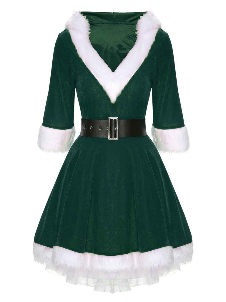Christmas Hooded Santa Claus Raw Hem Belt Dress, vintage dress, retro fashion - perfect for women who love vintage and retro fashion