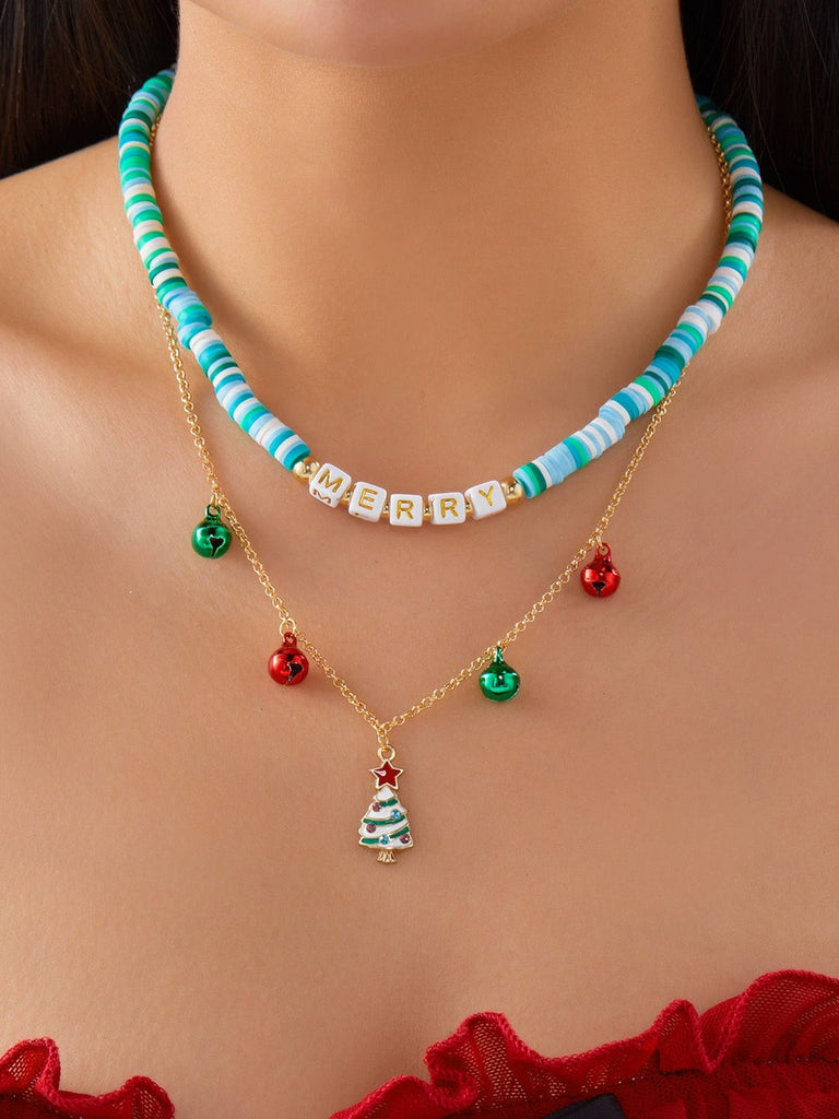 Christmas Layered Beaded Bells Necklace - vintage fashion, retro style, elegant red