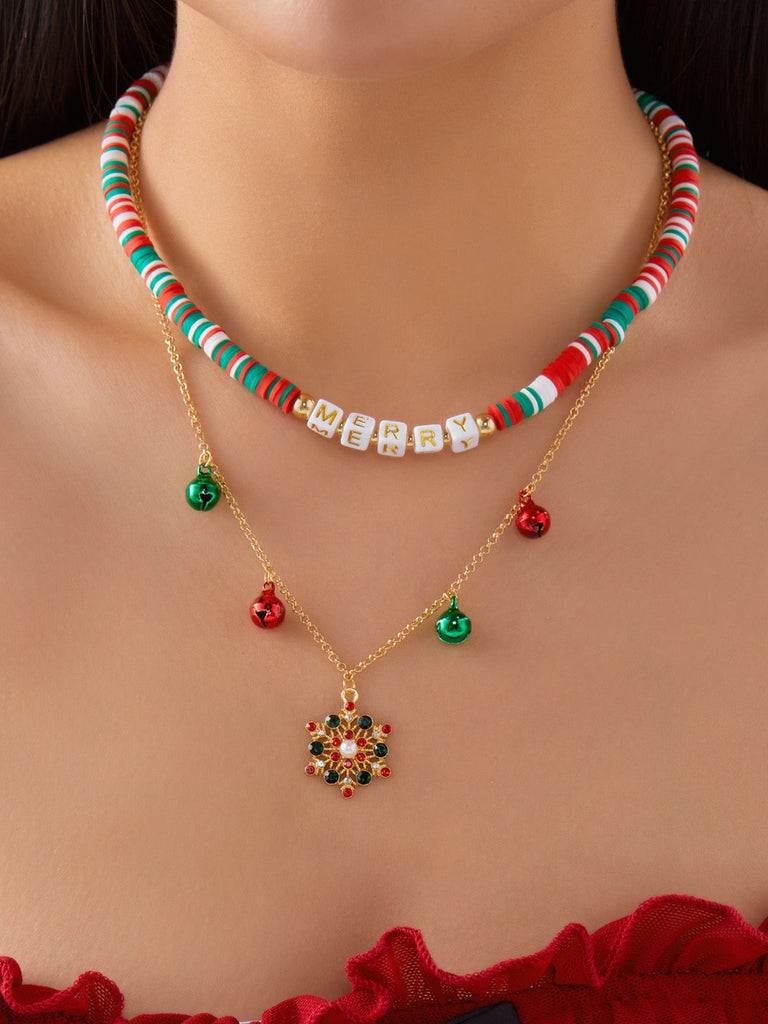 Christmas Layered Beaded Bells Necklace - vintage fashion, retro style, elegant red