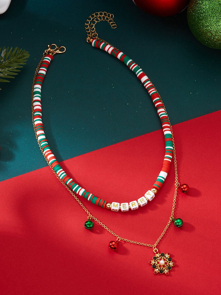 Christmas Layered Beaded Bells Necklace - vintage fashion, retro style, elegant red
