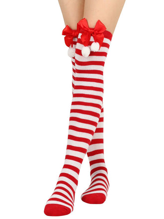 Christmas Striped Bow Pom-Poms Socks - vintage fashion, retro style