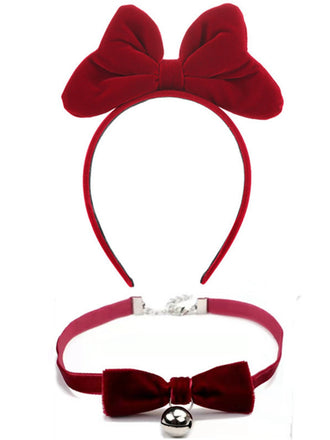 Christmas Velvet Bowknot Hairband With Choker Necklace - vintage fashion, retro style