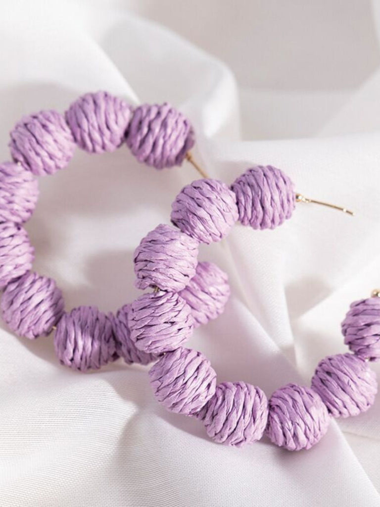 Chunky Braided Raffia Ball C-Hoop Earrings - vintage fashion, retro style