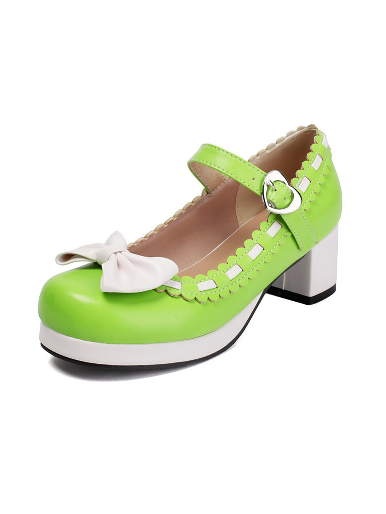 Chunky Heel Two Tone Bow Marry Jane Shoes - vintage shoes, retro heels