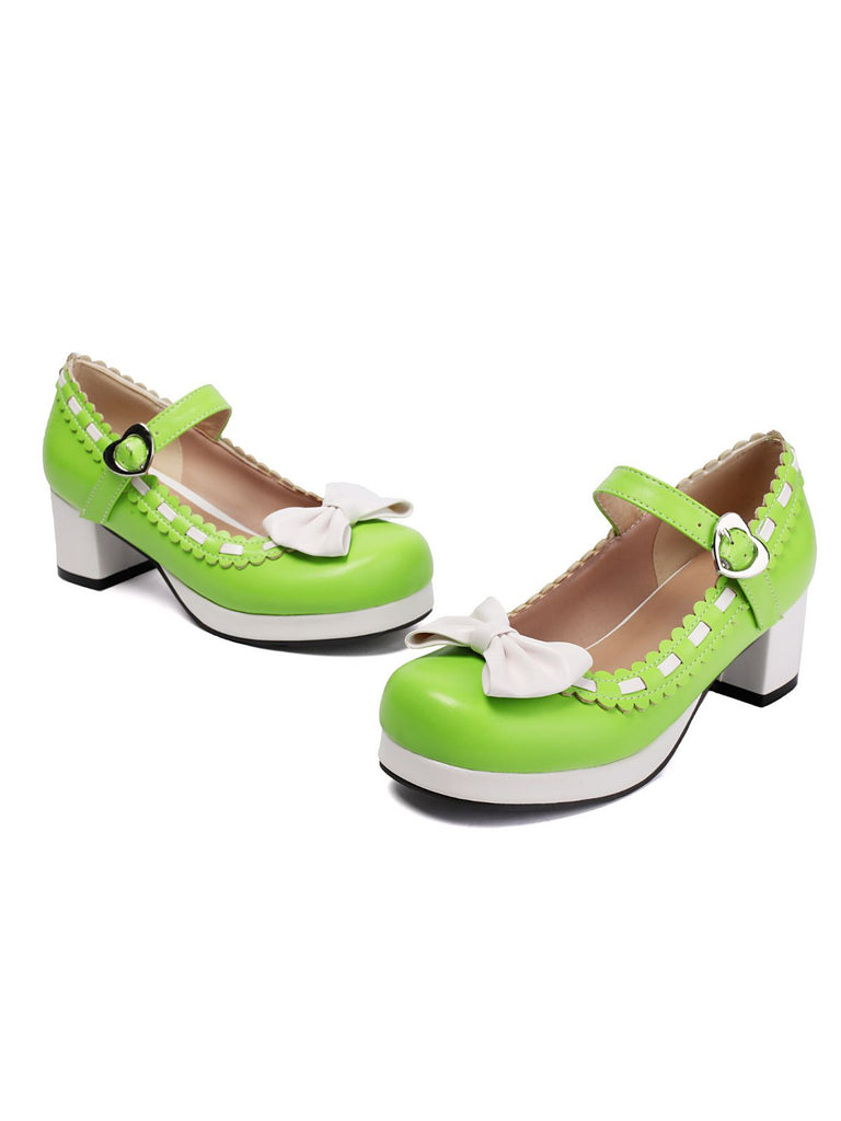 Chunky Heel Two Tone Bow Marry Jane Shoes - vintage shoes, retro heels