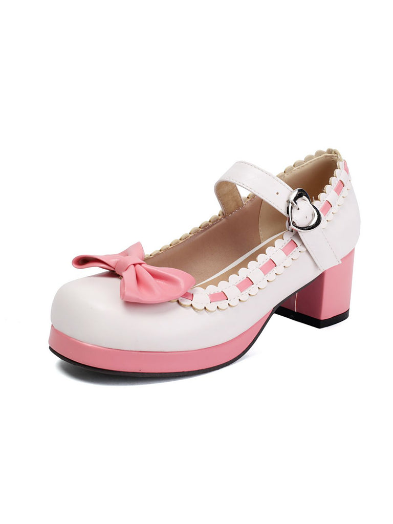 Chunky Heel Two Tone Bow Marry Jane Shoes - vintage shoes, retro heels