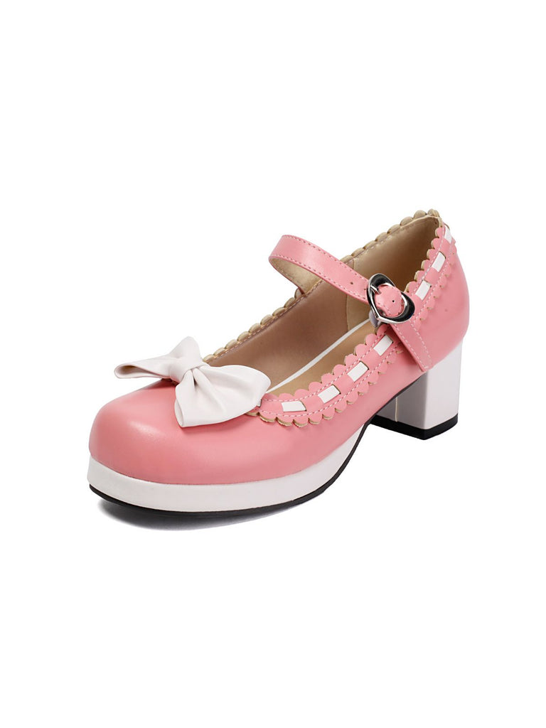Chunky Heel Two Tone Bow Marry Jane Shoes - vintage shoes, retro heels