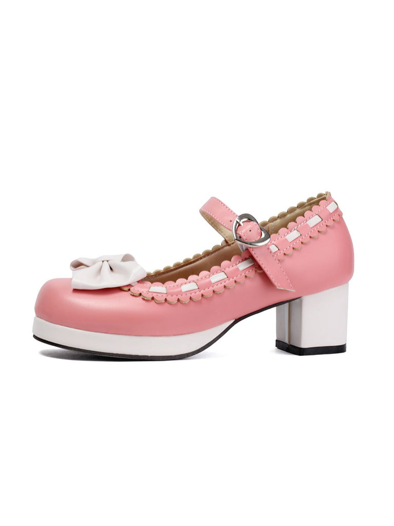 Chunky Heel Two Tone Bow Marry Jane Shoes - vintage shoes, retro heels