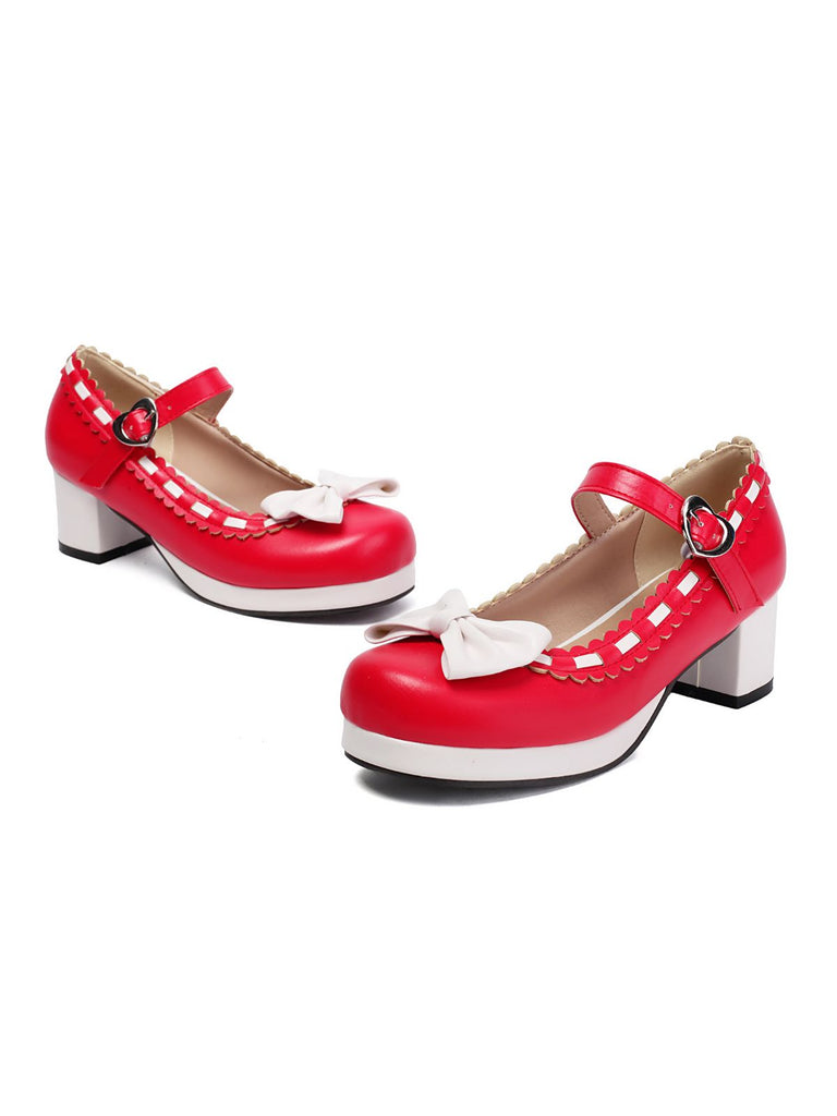 Chunky Heel Two Tone Bow Marry Jane Shoes - vintage shoes, retro heels