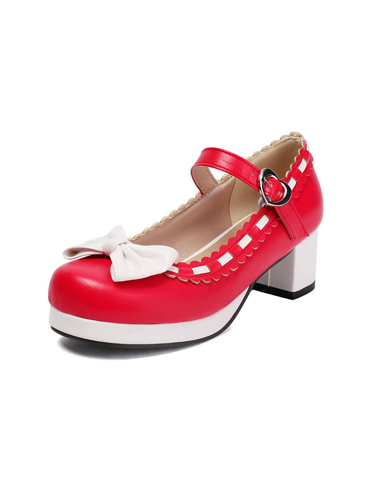 Chunky Heel Two Tone Bow Marry Jane Shoes - vintage shoes, retro heels