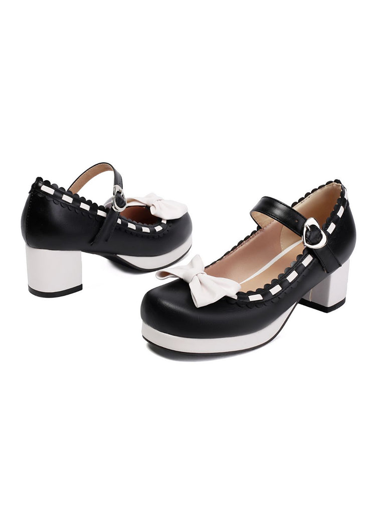 Chunky Heel Two Tone Bow Marry Jane Shoes - vintage shoes, retro heels
