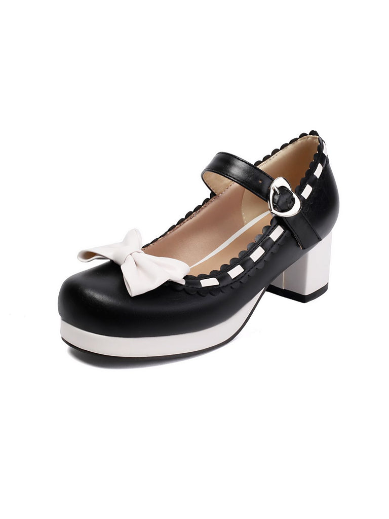 Chunky Heel Two Tone Bow Marry Jane Shoes - vintage shoes, retro heels