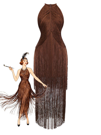 Coffee 1920s Solid Fringe Halter Sleeveless Dress - vintage dress, retro fashion, Gatsby party