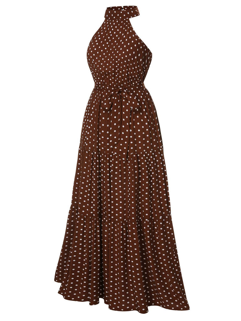 brown and white polka dot halter dress Women's Vacation Crew Halter Polka Dot Dress