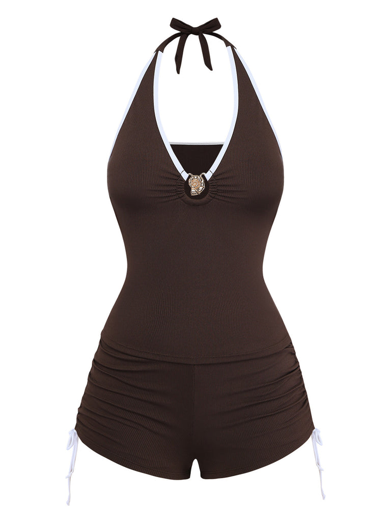 Coffee 1950s Halter Drawstring Ruched Tankini Set - vintage fashion, retro style