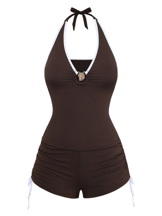 Coffee 1950s Halter Drawstring Ruched Tankini Set - vintage fashion, retro style