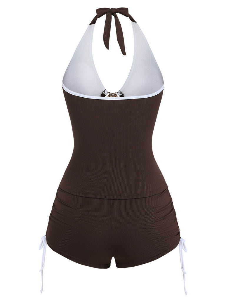 Coffee 1950s Halter Drawstring Ruched Tankini Set - vintage fashion, retro style