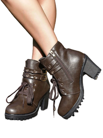 She finds her vintage story in this Coffee Leather Lace-Up High Heel Ankle Boots