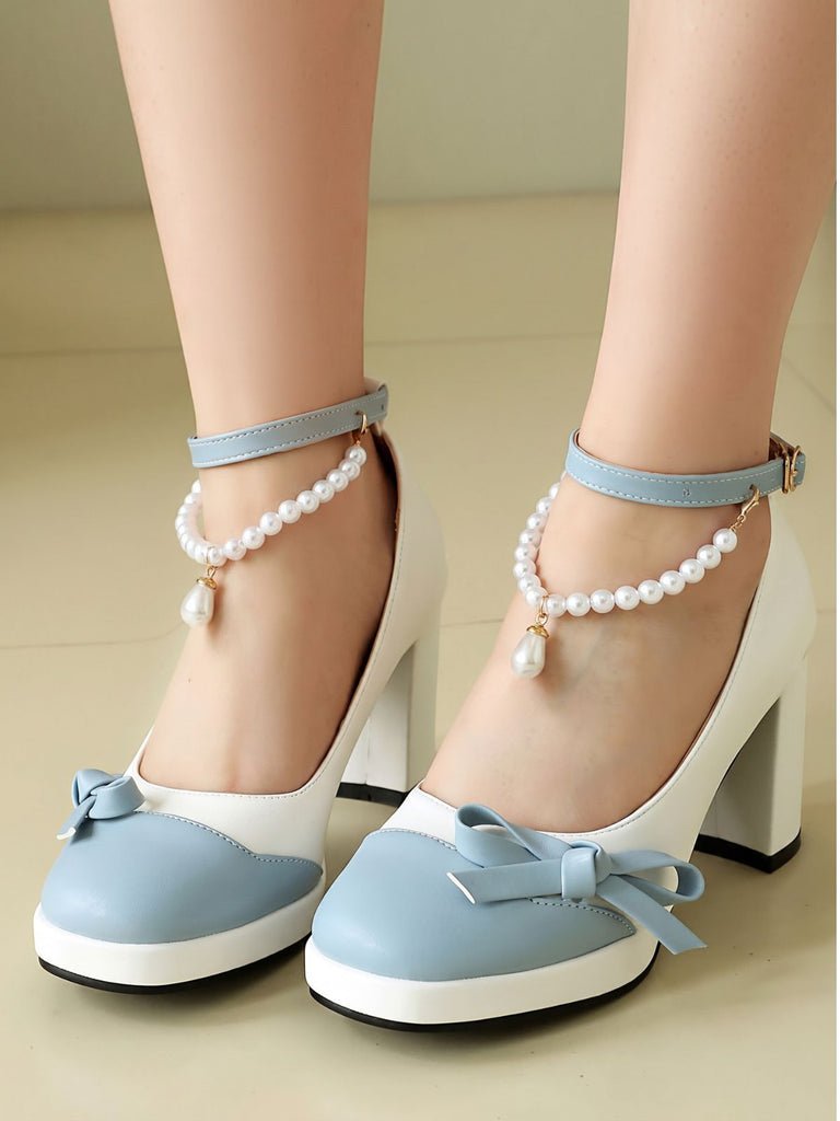Colorblock Pearls Ankle Strap Bow Chunky-Heel Shoes, vintage shoes, retro heels - perfect for women who love vintage and retro fashion