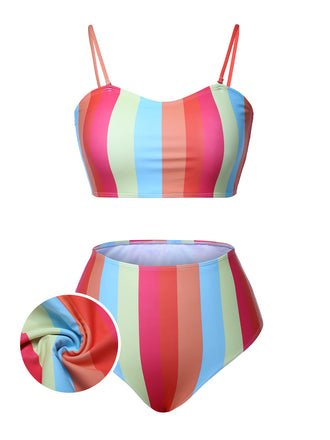 [Plus Size] Colorful 1950s Vertical Stripe Swimsuit, vintage swimsuit, pin-up swimwear - perfect for women who love vintage and retro fashion