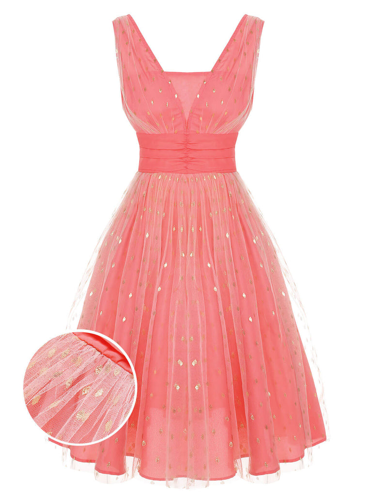 Coral Pink 1950s V-Neck Sequin Dress | Retro Stage Coral Pink 1950s V-Neck Sequin Dress | Retro Stage