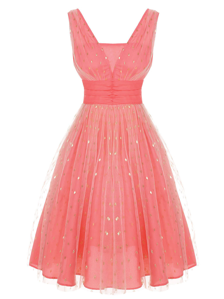 Coral Pink 1950s V-Neck Sequin Dress | Retro Stage Coral Pink 1950s V-Neck Sequin Dress | Retro Stage
