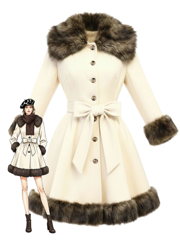 Cream 1950s Fur Collar Patchwork Coat | Retro Stage Cream 1950s Fur Collar Patchwork Coat | Retro Stage