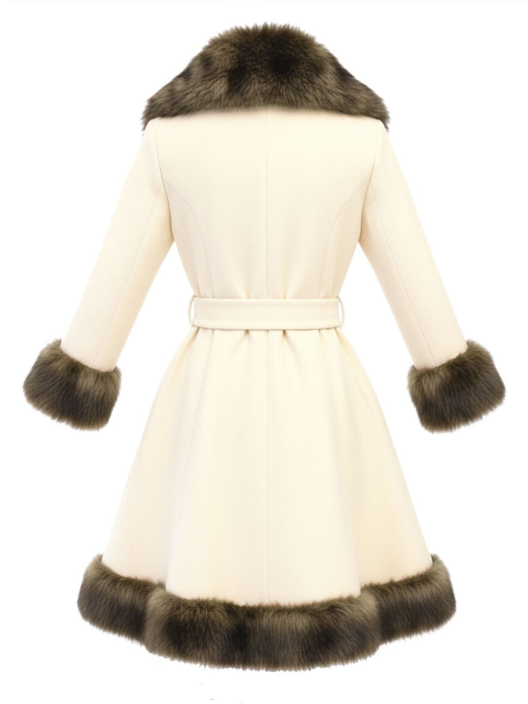 Retro Stage Ivory Faux Fur Trim Belted A-Line Winter Coat