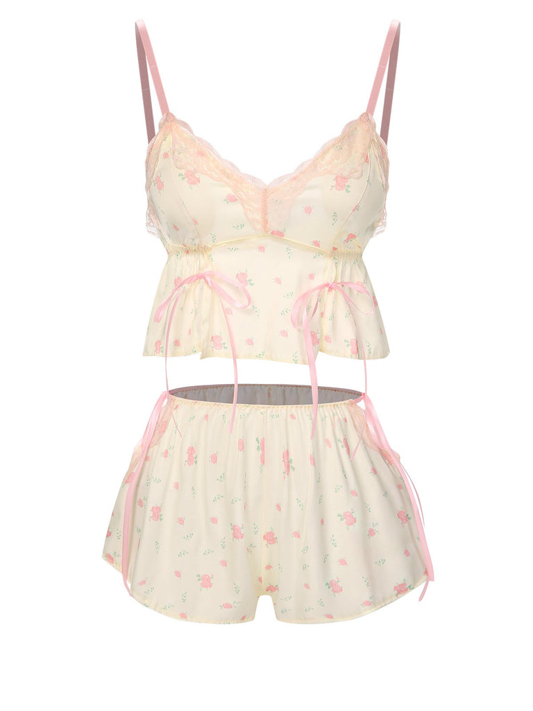 Cream Color 1950s Floral Lace Straps Pajama - vintage fashion, retro style