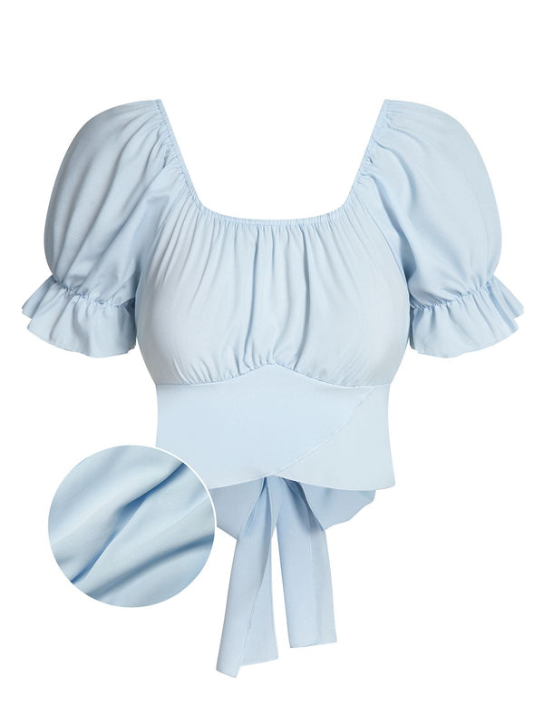 Sky Blue 1950s Solid Puff Sleeves Tops | Retro Stage