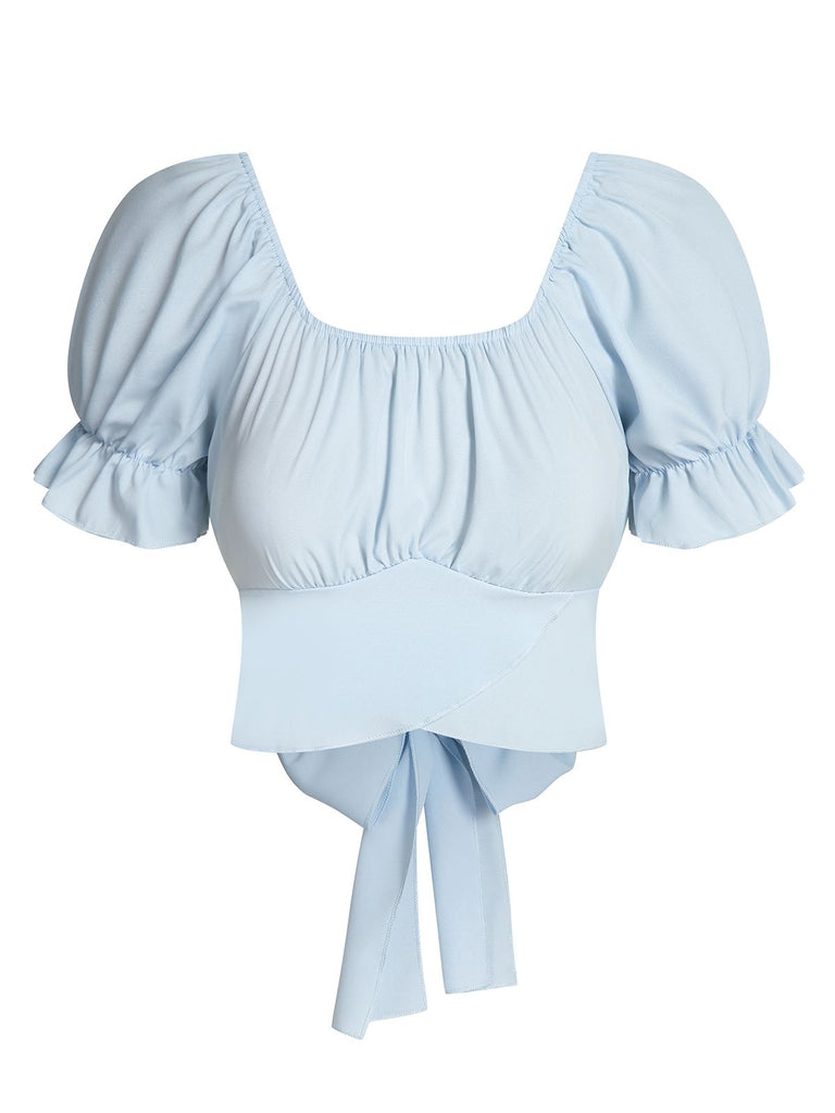 Sky Blue 1950s Solid Puff Sleeves Tops