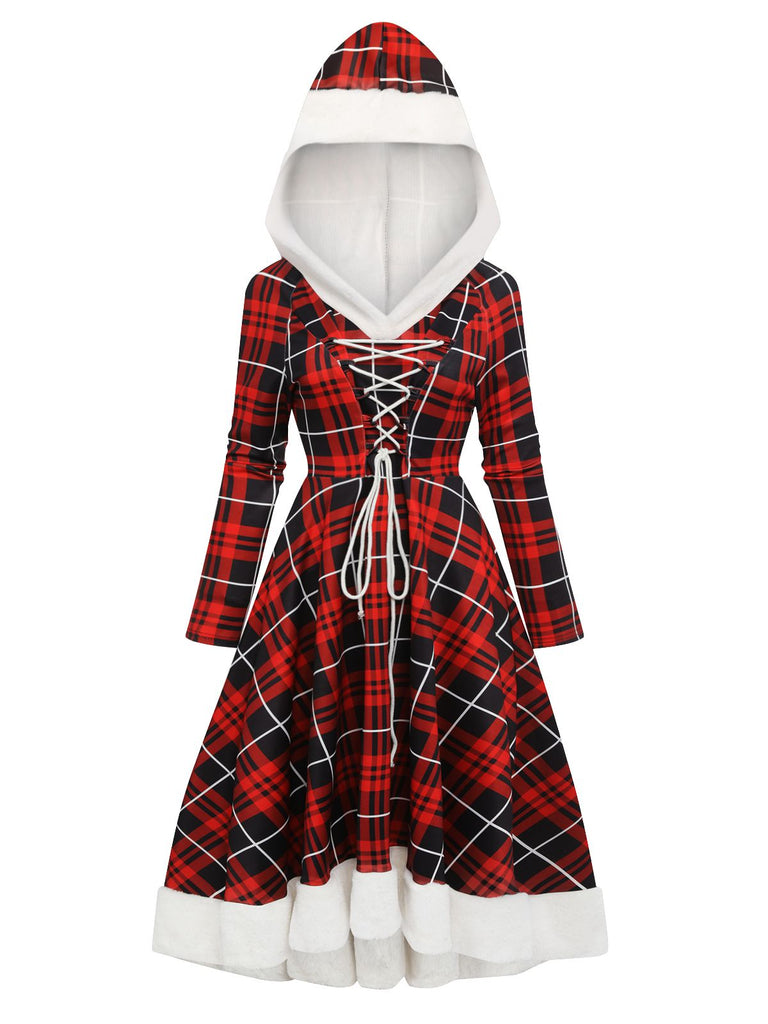 Red 1950s Plaid Lace-up Hooded Dress