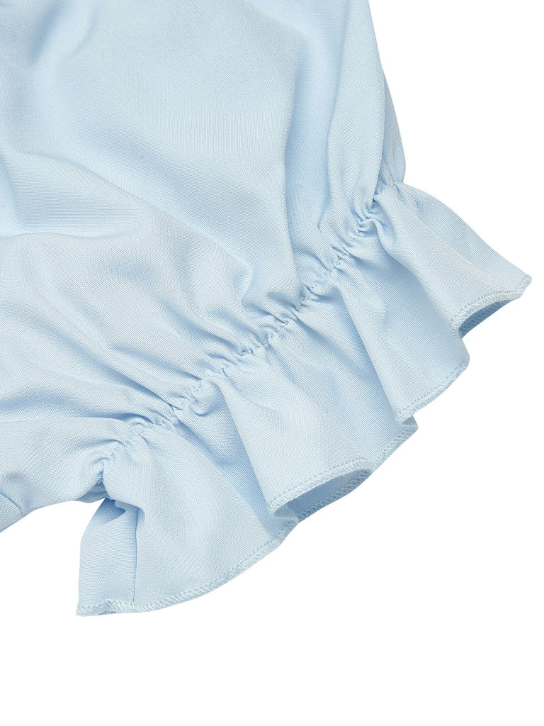 Sky Blue 1950s Solid Puff Sleeves Tops