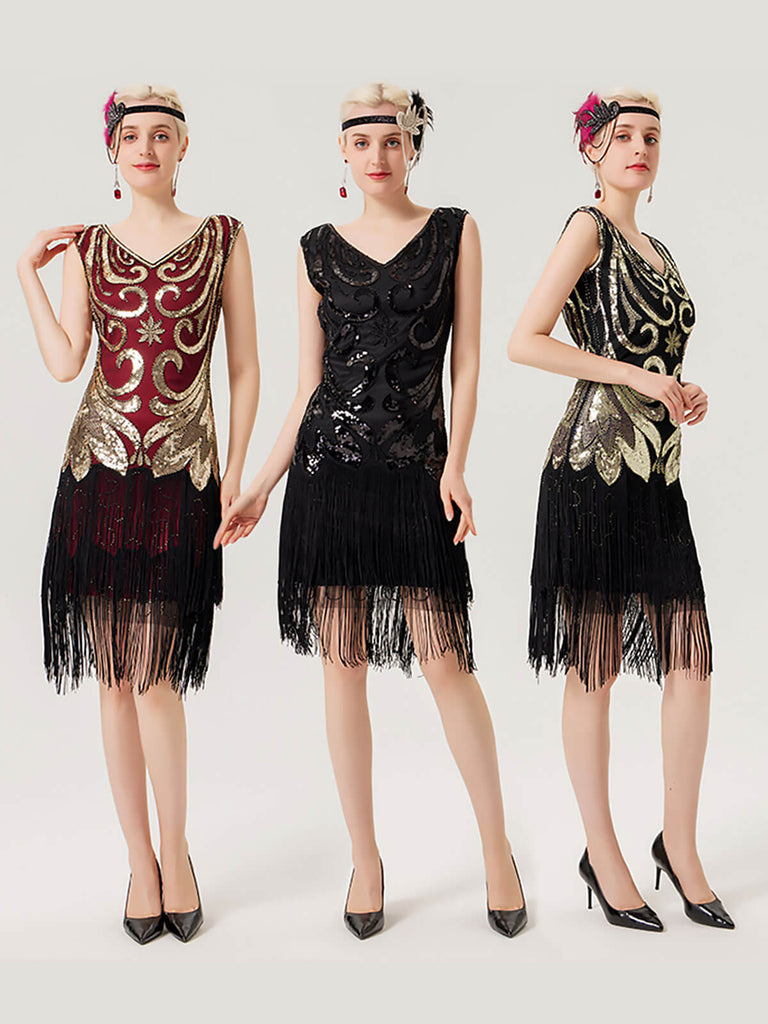 1920s Sequined Fringed V-Neck Charleston Dress