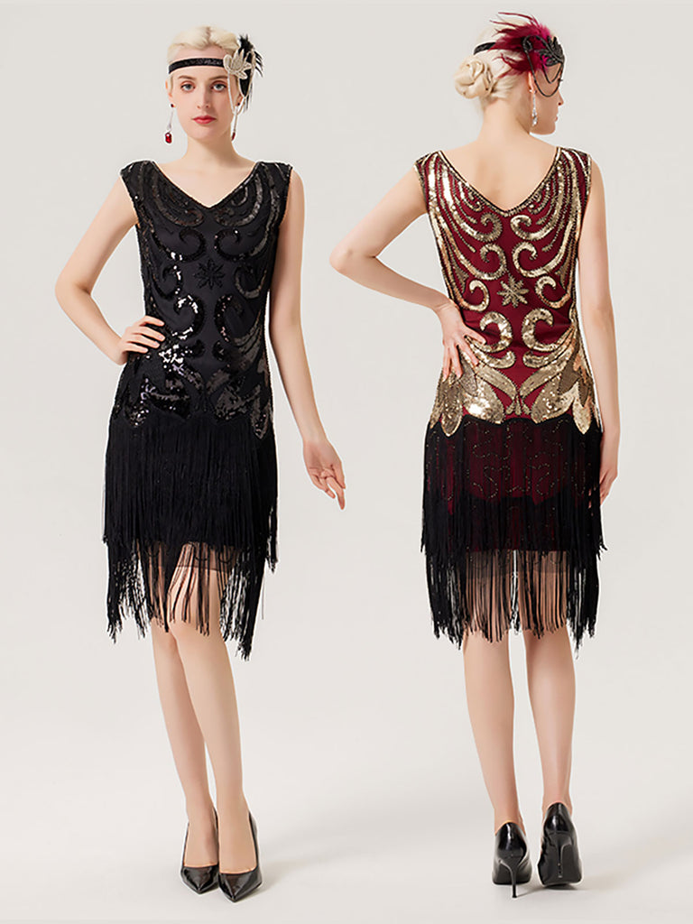 1920s Sequined Fringed V-Neck Charleston Dress