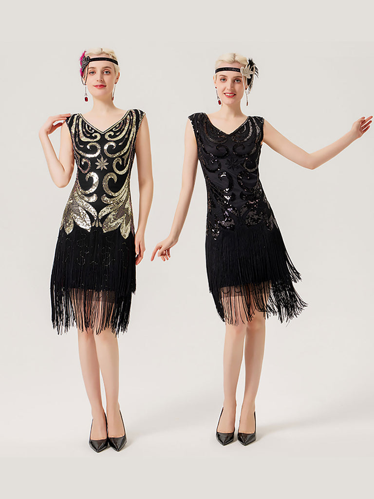 1920s Sequined Fringed V-Neck Charleston Dress