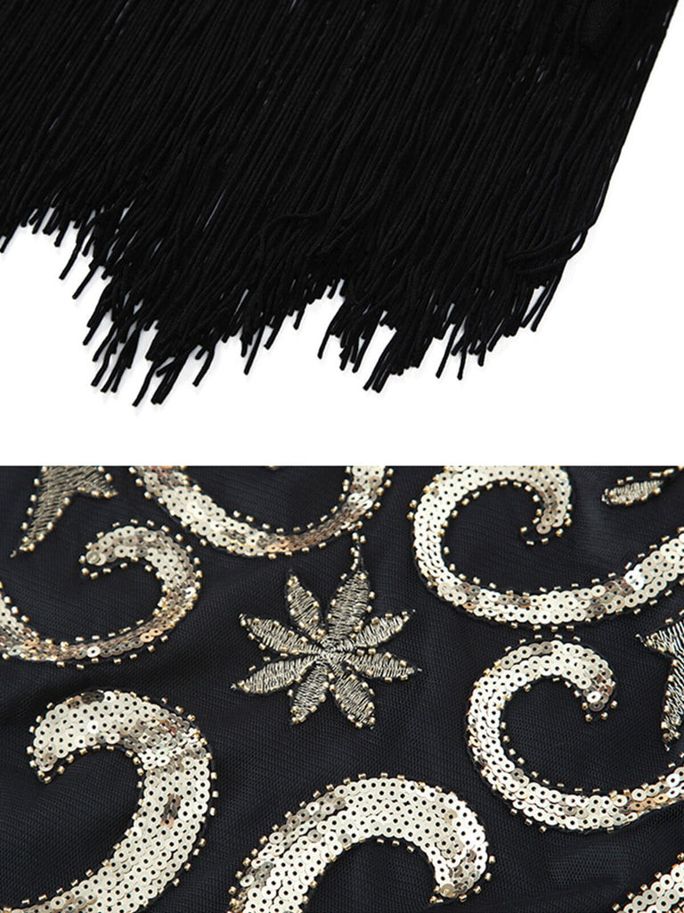 1920s Sequined Fringed V-Neck Charleston Dress