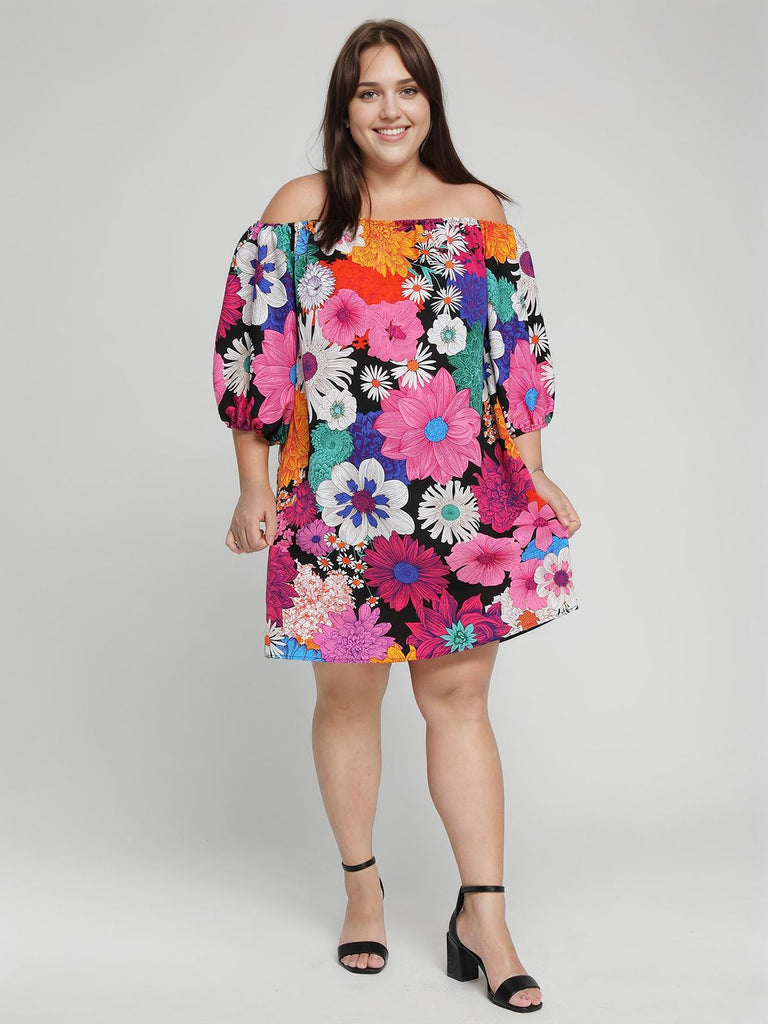 [Plus Size] Multicolor 1960s Off-Shoulder Floral Dress