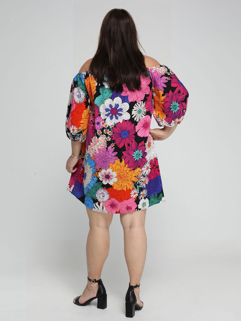 [Plus Size] Multicolor 1960s Off-Shoulder Floral Dress