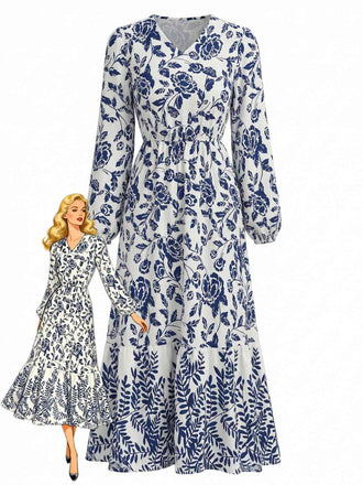 Blue 1970s Bohemian Floral Lantern Sleeve V-Neck Dress