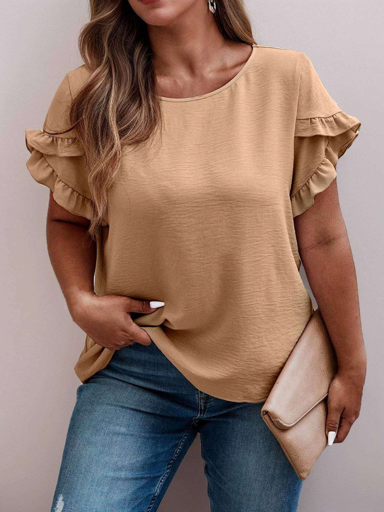 [Plus Size] Khaki 1950s Solid Ruffled Sleeve Round Neck Top