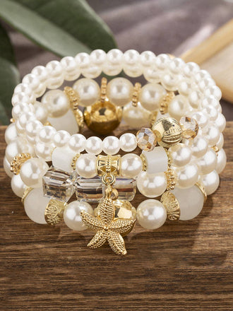 4PCS Boho Starfish Faux Pearl Bracelet Set